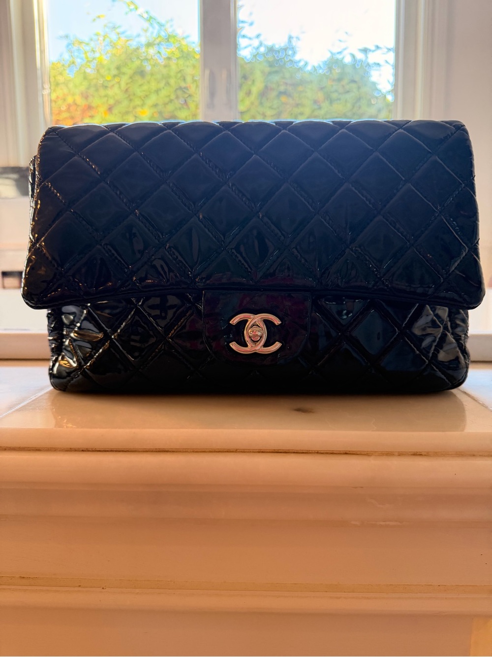 CHANEL Jumbo Quilted Patent Leather Shoulder Bag in Black with Silver Hardware